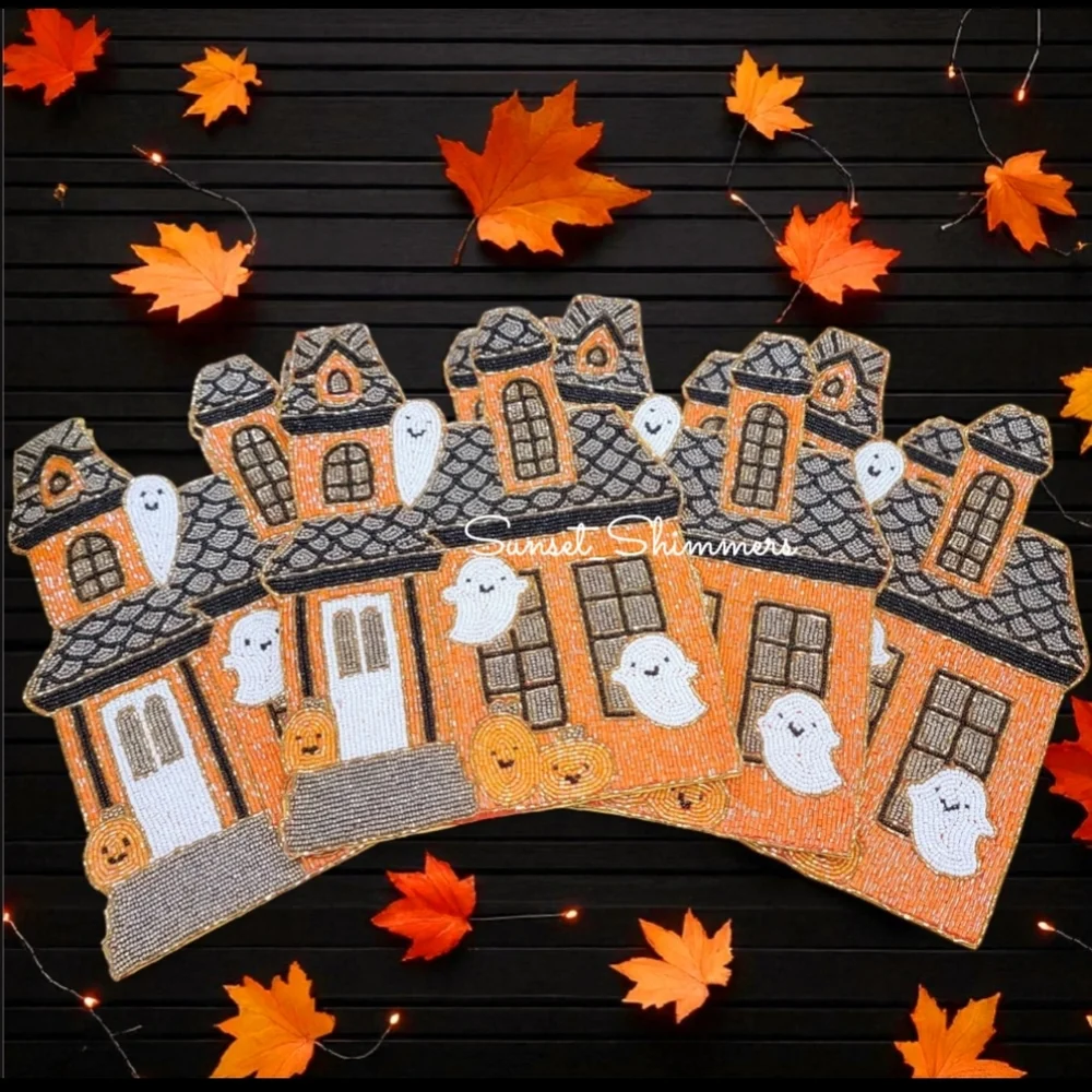 x4 Haunted House Halloween Ghost Pumpkin Shimmer Beaded Placemats CHARGERS Set